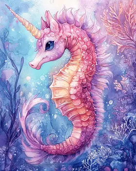 Pink Unicorn Seahorse - Wall Art Print - Ocean Seaside Beachcore - 8"x10" Artwork - 11"x14" Matte