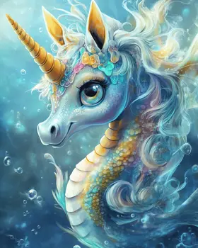 Blue Unicorn Seahorse - Wall Art Print - Ocean Seaside Beachcore - 8"x10" Artwork - 11"x14" Matte