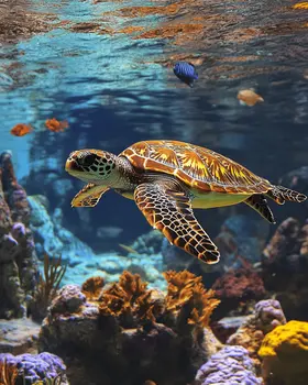 Underwater Sea Turtle - Wall Art Print - Ocean Seaside Beachcore - 8"x10" Artwork - 11"x14" Matte