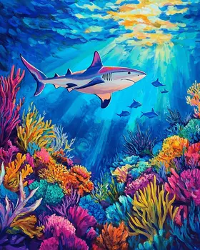 Deep Blue Shark - Wall Art Print - Ocean Seaside Beachcore - 8"x10" Artwork - 11"x14" Matte