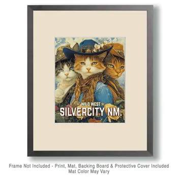 Three Amigo Cats - New Mexico Souvenir Home Decor Wall Art Prints – 8″x10″ Artwork – 11″x14″ Mat