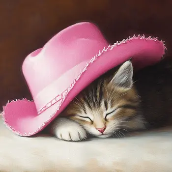 Sleeping Kitten Under Pink Cowgirl Hat - Pet Wall Art – 8″x8″ Artwork – 12″x12″ Mat
