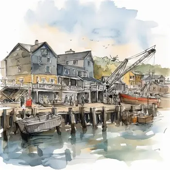 Watercolor Working Waterfront 8"x8" New England Art Print Souvenir Home Decor Wall Art Prints – 8″x8″ Artwork – 12″x12″ Mat