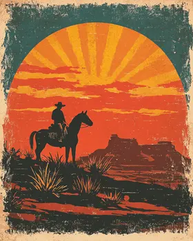 Vintage Sunrise Cowboy - Western and Southwestern Home Decor Wall Art Prints – 8″x10″ Artwork – 11″x14″ Matte