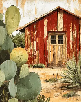 Texas Red Barn Door and Prickly Pear Cactus - Western and Southwestern Home Decor Wall Art Prints – 8″x10″ Artwork – 11″x14″ Matte