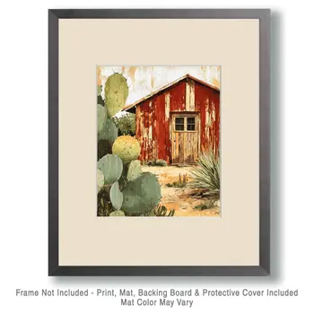 Texas Red Barn Door and Prickly Pear Cactus - Western and Southwestern Home Decor Wall Art Prints – 8″x10″ Artwork – 11″x14″ Matte