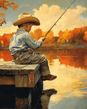 Cowboy Kid Fishing - Western and Southwestern Home Decor Wall Art Prints – 8″x10″ Artwork – 11″x14″ Matte
