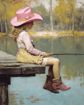 Little Cowgirl in Pink Hat Fishing - Western and Southwestern Home Decor Wall Art Prints – 8″x10″ Artwork – 11″x14″ Matte