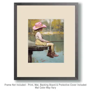 Little Cowgirl in Pink Hat Fishing - Western and Southwestern Home Decor Wall Art Prints – 8″x10″ Artwork – 11″x14″ Matte