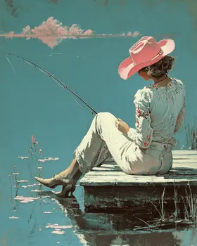 Cowgirl in Pink Hat Fishing - Western and Southwestern Home Decor Wall Art Prints – 8″x10″ Artwork – 11″x14″ Matte