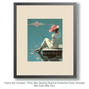 Cowgirl in Pink Hat Fishing - Western and Southwestern Home Decor Wall Art Prints – 8″x10″ Artwork – 11″x14″ Matte