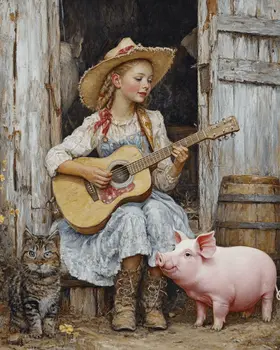 Young Cowgirl Serenading Her Pet Cat and Pig - Western and Southwestern Home Decor Wall Art Prints – 8″x10″ Artwork – 11″x14″ Matte
