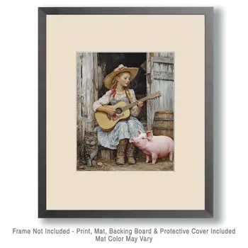 Young Cowgirl Serenading Her Pet Cat and Pig - Western and Southwestern Home Decor Wall Art Prints – 8″x10″ Artwork – 11″x14″ Matte