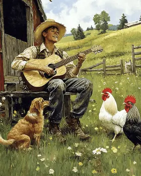 Young Cowboy Playing Guitar in the Barnyard - Western and Southwestern Home Decor Wall Art Prints – 8″x10″ Artwork – 11″x14″ Matte
