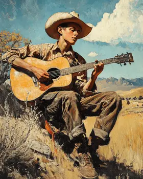 Vintage Style Young Cowboy Playing Guitar on the Range - Western and Southwestern Home Decor Wall Art Prints – 8″x10″ Artwork – 11″x14″ Matte