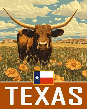 Texas Flag & Longhorn - Western and Southwestern Home Decor Wall Art Prints – 8″x10″ Artwork – 11″x14″ Matte