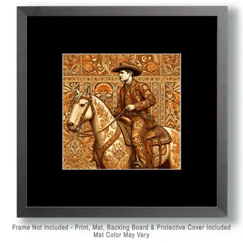 Art Nouveau Cowboy on Horse - Wall Art Print - Western Art - 8"x8" Artwork - 12"x12" Matte