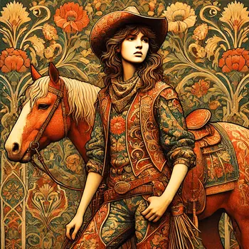 Art Nouveau Cowgirl with Her Horse - Wall Art Print - Western Art - 8"x8" Artwork - 12"x12" Matte