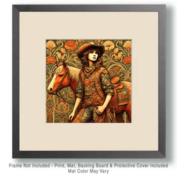 Art Nouveau Cowgirl with Her Horse - Wall Art Print - Western Art - 8"x8" Artwork - 12"x12" Matte