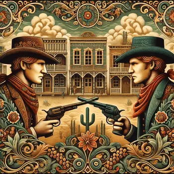 Art Nouveau Old West Gunfight - Wall Art Print - Western Art - 8"x8" Artwork - 12"x12" Matte