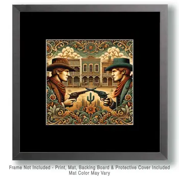 Art Nouveau Old West Gunfight - Wall Art Print - Western Art - 8"x8" Artwork - 12"x12" Matte