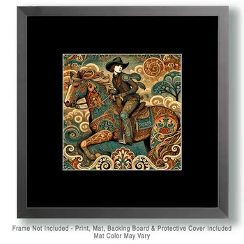 Art Nouveau Cowgirl Riding Her Horse - Wall Art Print - Western Art - 8"x8" Artwork - 12"x12" Matte