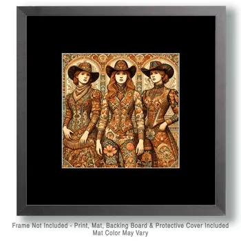 Art Nouveau Three Cowgirls - Wall Art Print - Western Art - 8"x8" Artwork - 12"x12" Matte