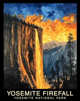Impressionist Firefall - Yosemite Horsetail Falls Souvenir Home Decor Wall Art Prints – 8″x10″ Artwork – 11″x14″ Mat