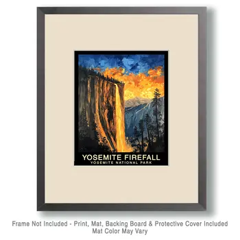 Impressionist Firefall - Yosemite Horsetail Falls Souvenir Home Decor Wall Art Prints – 8″x10″ Artwork – 11″x14″ Mat