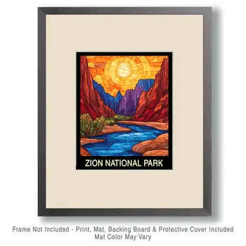 Stained Glass - Zion National Park Souvenir Home Decor Wall Art Prints – 8″x10″ Artwork – 11″x14″ Mat