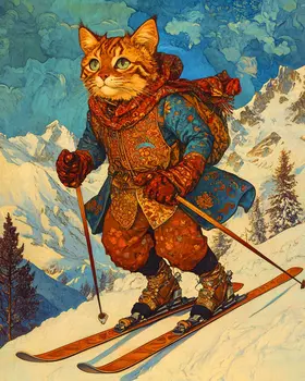 Skiing Kat - Cat and Kitten Wall Art Prints -  8"x10" Artwork for 11"x14" Frame