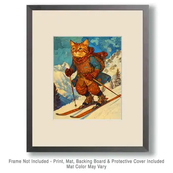 Skiing Kat - Cat and Kitten Wall Art Prints -  8"x10" Artwork for 11"x14" Frame