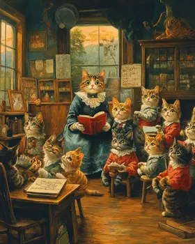 Surprised Teacher and Class - Cat and Kitten Wall Art Prints -  8"x10" Artwork for 11"x14" Frame