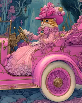 Her Pink Ride - Cat and Kitten Wall Art Prints -  8"x10" Artwork for 11"x14" Frame