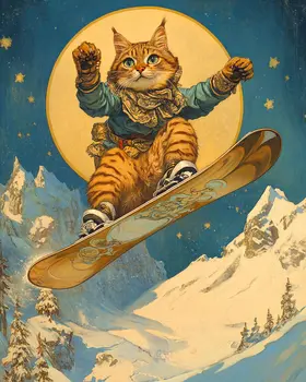 Snowboarder - Cat and Kitten Wall Art Prints -  8"x10" Artwork for 11"x14" Frame