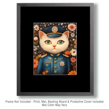 Folk Art Cat Cop - Cat and Kitten Wall Art Prints -  8"x10" Artwork for 11"x14" Frame