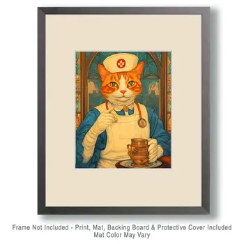 Nurse Kitty - Cat and Kitten Wall Art Prints -  8"x10" Artwork for 11"x14" Frame