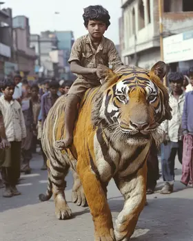 Boy Riding Giant Tiger - Cryptid Art Prints - 8"x10" Art Print for 11"x14" Frame