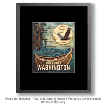 Eagle and Canoe - Washington State Souvenir Home Decor Wall Art Prints – 8″x10″ Artwork for 11″x14″ Frame