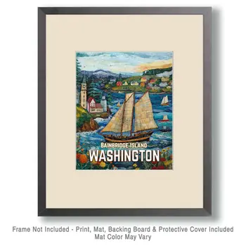 Folk Art Sailboat - Washington State Souvenir Home Decor Wall Art Prints – 8″x10″ Artwork for 11″x14″ Frame