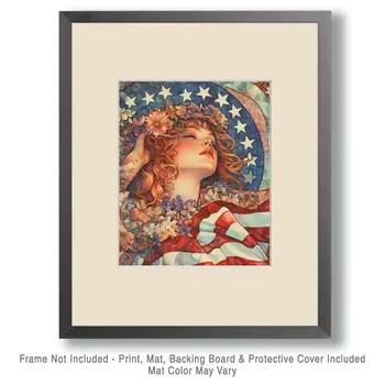 Vintage American Girl  - American USA Patriotic Wall Art Prints - 8"x10" Art Print for 11"x14" Frame