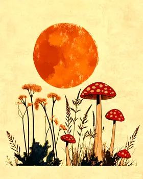 Minimalist Mushrooms - Retro 60's & 70's Art Prints - 8"x10" Art Print for 11"x14" Frame