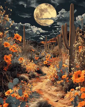 Full Moon Desert Night - Western and Southwestern Art Prints – 8″x10″ Artwork for 11″x14″ Frame