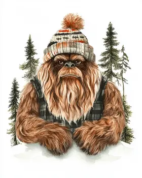 Minimalist Sasquatch Winter Coat - Bigfoot - Mythical Beasts Wall Art Prints – 8″x10″ Artwork for 11″x14″ Frame