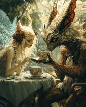 Tea Time Chupacabra and Fairy - Mythical Beasts Wall Art Prints – 8″x10″ Artwork for 11″x14″ Frame