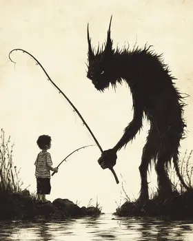 Chupacabra Fishing - Mythical Beasts Wall Art Prints – 8″x10″ Artwork for 11″x14″ Frame