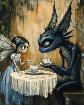 Chupacabra and Fairy Having Tea - Mythical Beasts Wall Art Prints – 8″x10″ Artwork for 11″x14″ Frame