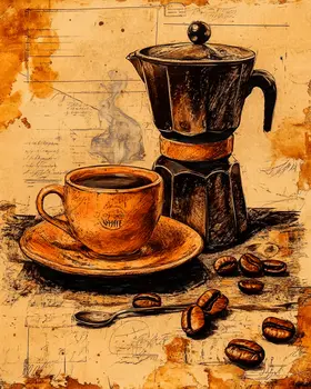 Vintage Pot and Cup - Coffee Wall Art Prints - 8"x10" Art Print for 11"x14" Frame