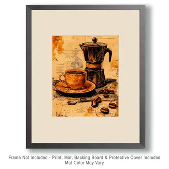 Vintage Pot and Cup - Coffee Wall Art Prints - 8"x10" Art Print for 11"x14" Frame