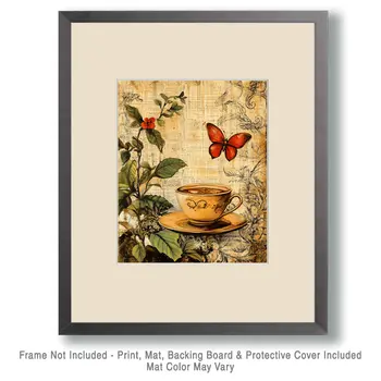 Nouveau Cup and Butterfly - Coffee Wall Art Prints - 8"x10" Art Print for 11"x14" Frame
